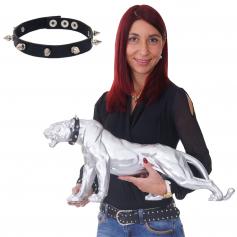 Deko Figur Leopard 59cm, Polyresin Skulptur Panther, In-/Outdoor ~ silber matt mit Halsband