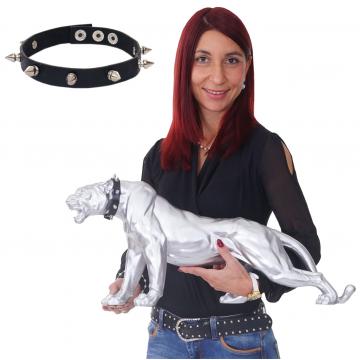 Deko Figur Leopard 59cm, Polyresin Skulptur Panther, In-/Outdoor ~ silber matt mit Halsband