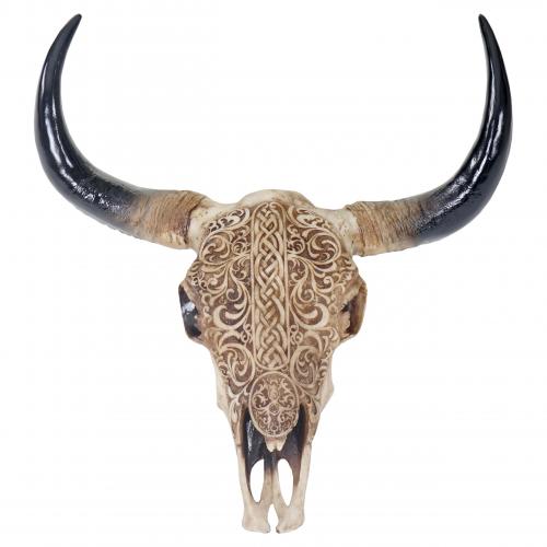 Deko Schädel 45cm, Polyresin Stier Bulle Longhorn Kopf Trophäe mit Tribal, In-/Outdoor