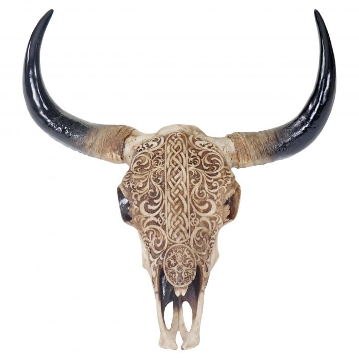 Deko Schdel 45cm, Polyresin Stier Bulle Longhorn Kopf Trophe mit Tribal, In-/Outdoor