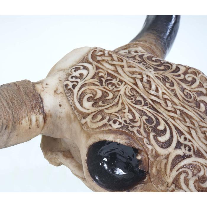 Deko Schdel 45cm, Polyresin Stier Bulle Longhorn Kopf Trophe mit Tribal, In-/Outdoor