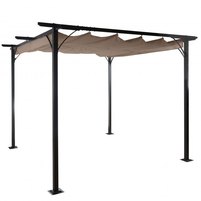 Pergola HWC-C42, Garten Pavillon, stabiles 6cm-Gestell + Schiebedach ~ 3x3m taupe-braun