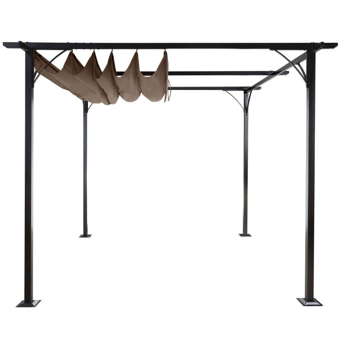 Pergola HWC-C42, Garten Pavillon, stabiles 6cm-Gestell + Schiebedach ~ 3x3m taupe-braun