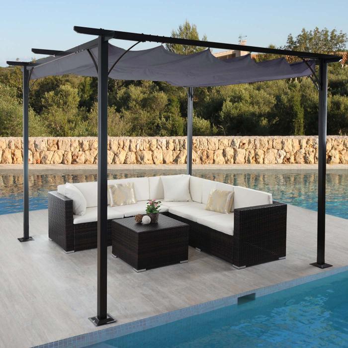 Pergola HWC-C42, Garten Pavillon, stabiles 6cm-Gestell + Schiebedach ~ 3,5x3,5m grau