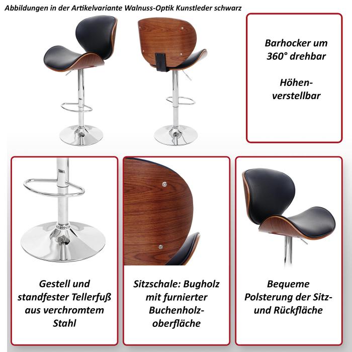 B-Ware (Riss in Lehne SK2) | Barhocker Foxrock, Barstuhl, Holz Bugholz Retro-Design ~ Walnuss-Optik, Kunstleder schwarz