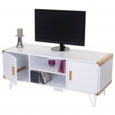 TV-Rack Toledo, Fernsehtisch Lowboard mit Bambus, weiß 120x50x45,5cm