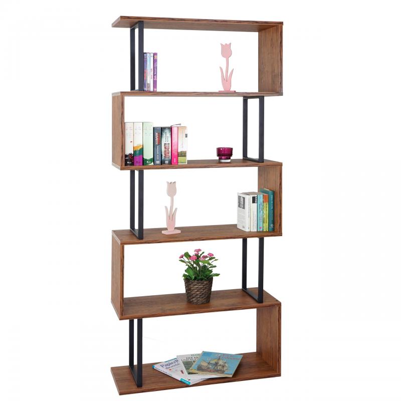 Bcherregal HWC-A27, Standregal Wohnregal, 183x80cm 3D-Struktur 5 Ebenen ~ Wildeiche-Optik, Metall schwarz