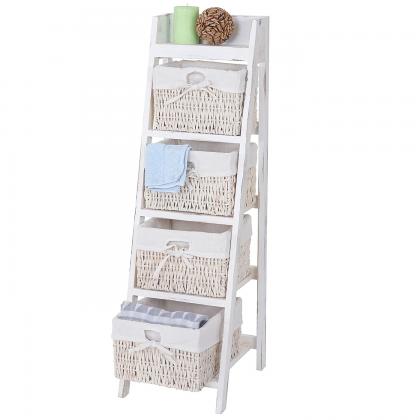 Leiterregal Goiana, Regal Standregal mit 4 Korbschubladen 101x30cm, Shabby-Look, Vintage ~ wei