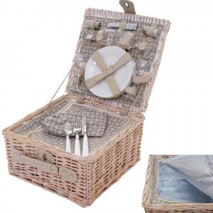 Picknickkorb-Set fr 4 Personen, Picknicktasche + Khlfach, Porzellan Glas Edelstahl, beige