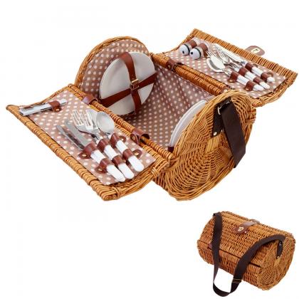Picknickkorb-Set fr 4 Personen, Picknicktasche Weiden-Korb, Porzellan Edelstahl, beige-wei