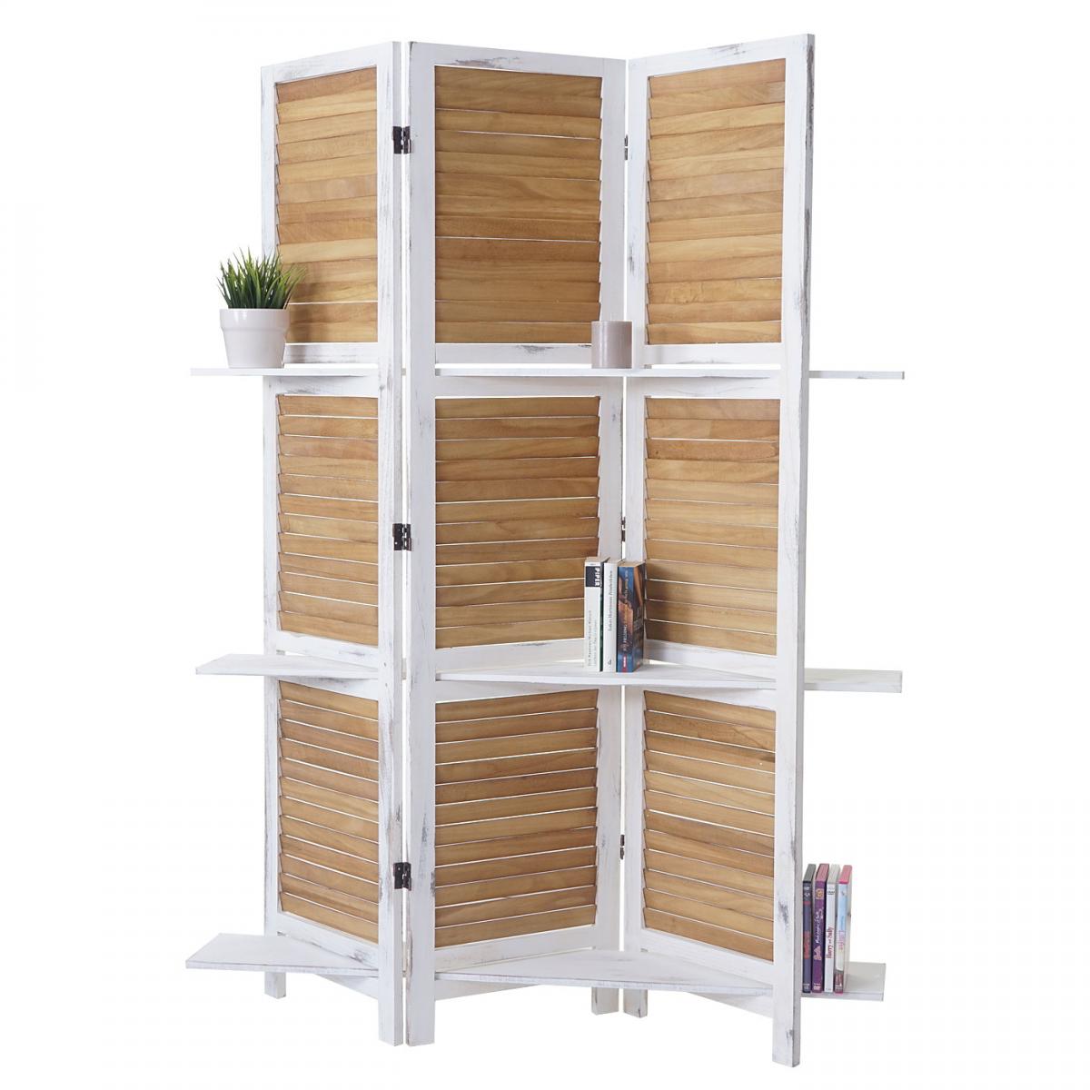 Paravent T752, Trennwand Raumteiler mit Regalbden 170x125cm, Shabby Look ~ wei/braun