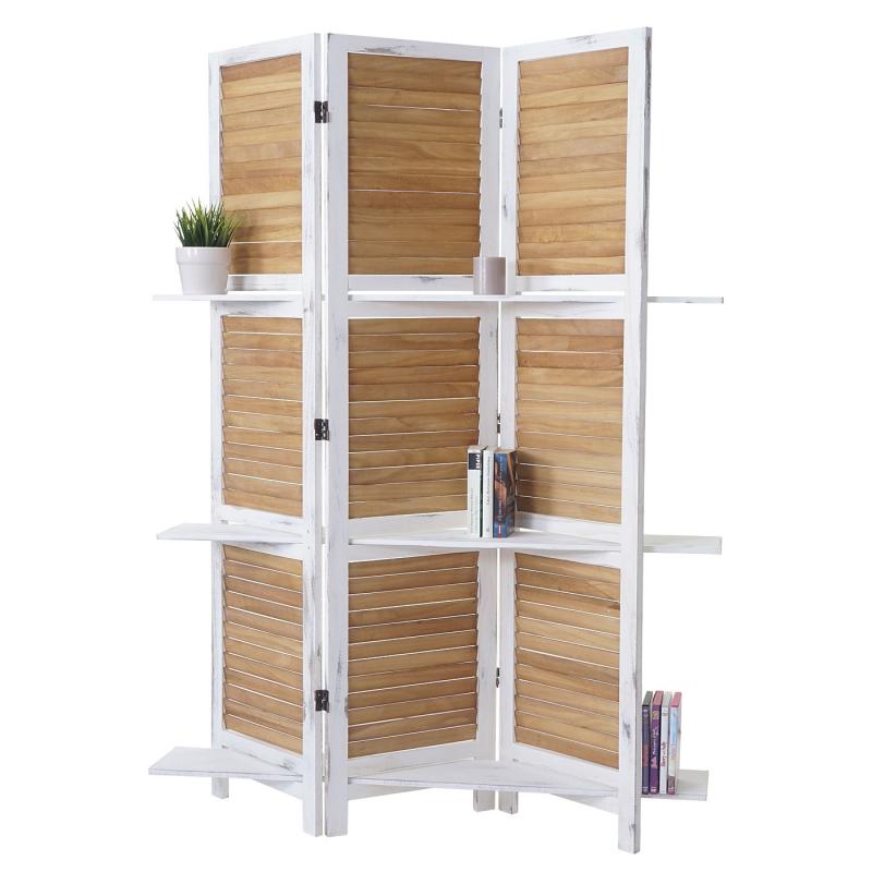 Paravent T752, Trennwand Raumteiler mit Regalbden 170x125cm, Shabby Look ~ wei/braun