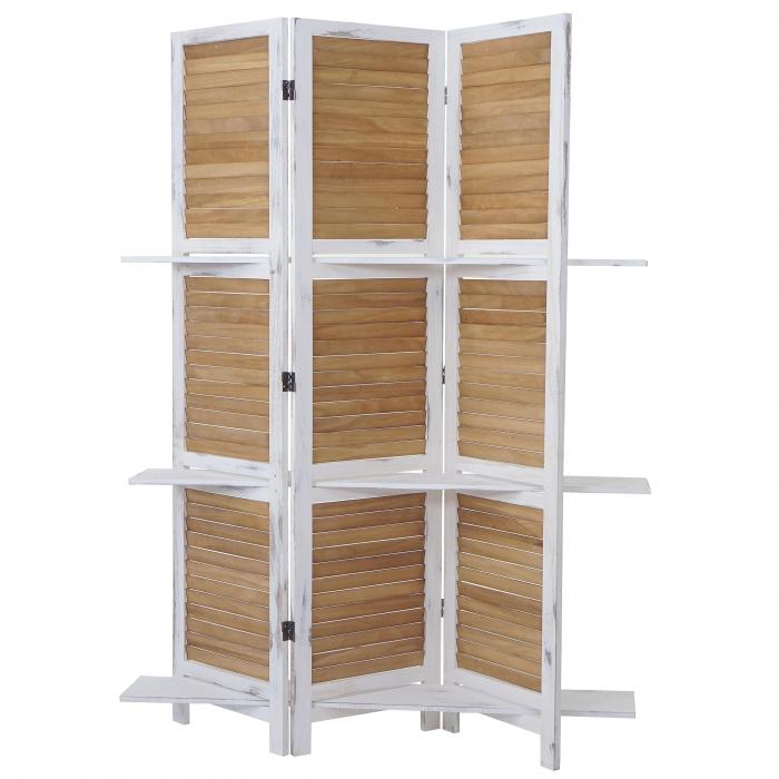 Paravent T752, Trennwand Raumteiler mit Regalbden 170x125cm, Shabby Look ~ wei/braun
