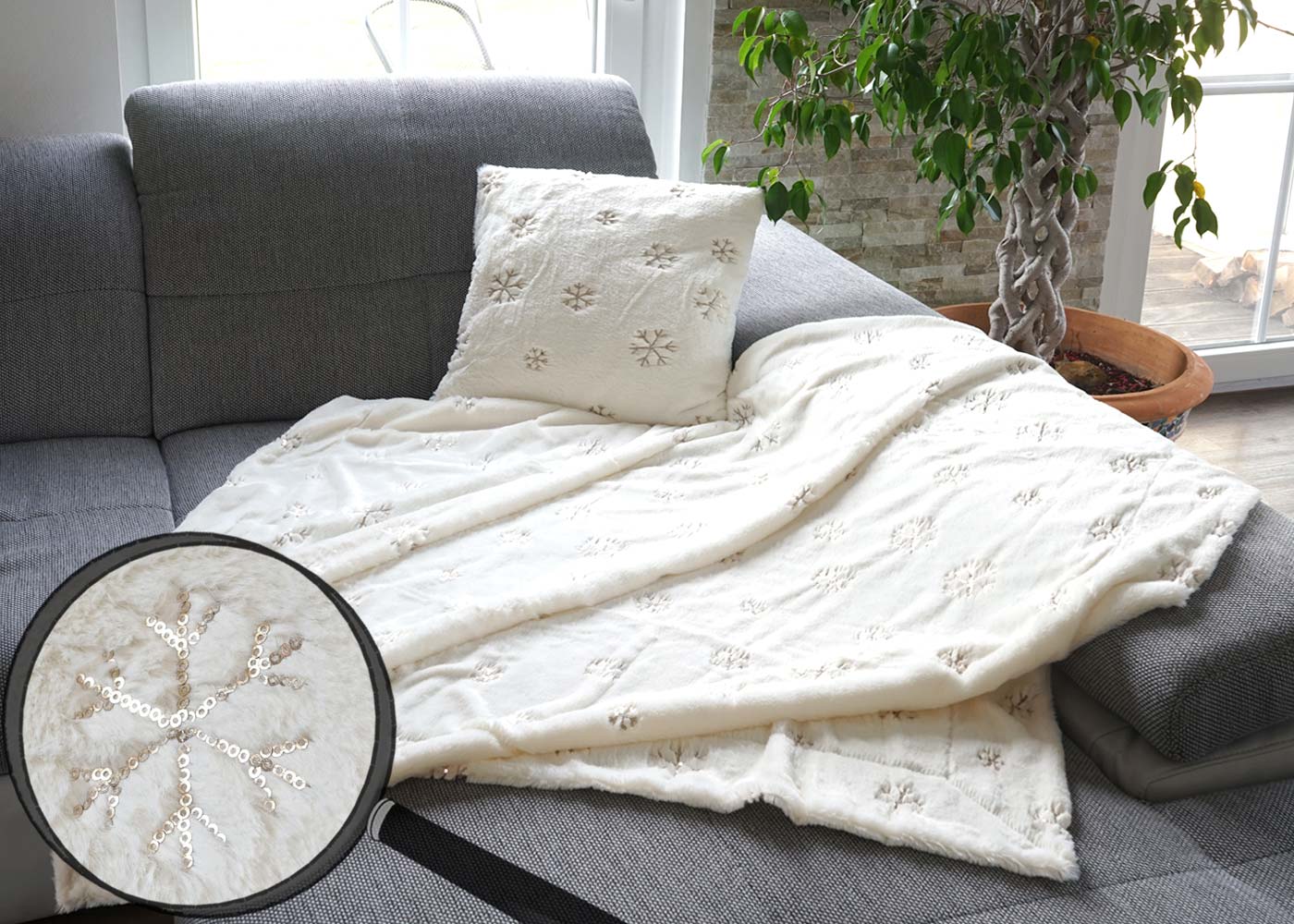 Set Wohndecke + Deko-Kissen Schnee, Kuscheldecke Sofadecke  Zierkissen+Füllung, flauschig Pailletten von Heute-Wohnen