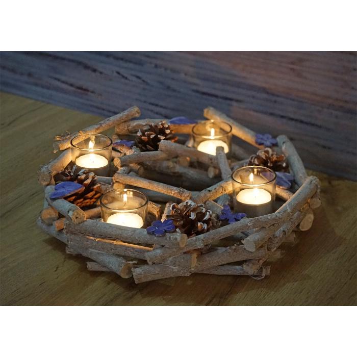 Adventskranz rund mit Teelichthaltern, Weihnachtsdeko Adventsgesteck, Holz  30cm lila-grau