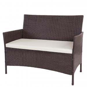 Poly-Rattan Gartenbank Halden, Sitzbank Bank ~ braun-meliert, Kissen creme