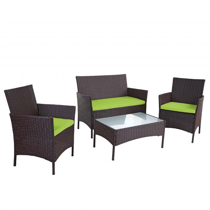 2-1-1 Poly-Rattan Garten-Garnitur Halden, Sitzgruppe Lounge-Set Sofa ~ braun-meliert, Kissen grn