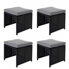 4er-Set Poly-Rattan Hocker Kreta, Gartenhocker Sitzhocker ~ schwarz, Kissen hellgrau
