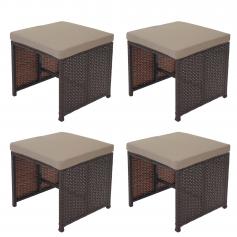 4er-Set Poly-Rattan Hocker Kreta, Gartenhocker Sitzhocker ~ braun, Kissen beige