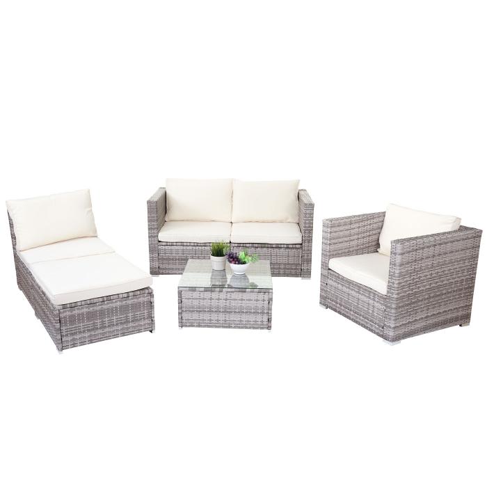 Poly-Rattan-Garnitur Brescia, Gartengarnitur Sitzgruppe Sofa Lounge-Set ~ grau, Kissen creme