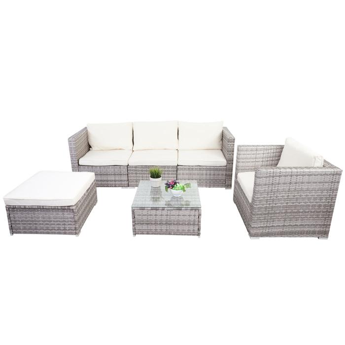 Poly-Rattan-Garnitur Brescia, Gartengarnitur Sitzgruppe Sofa Lounge-Set ~ grau, Kissen creme