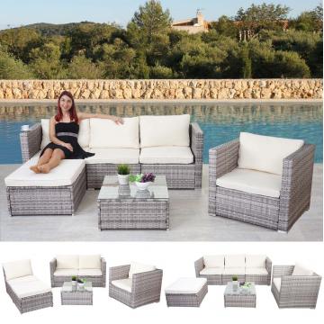 Poly-Rattan-Garnitur Brescia, Gartengarnitur Sitzgruppe Sofa Lounge-Set ~ grau, Kissen creme