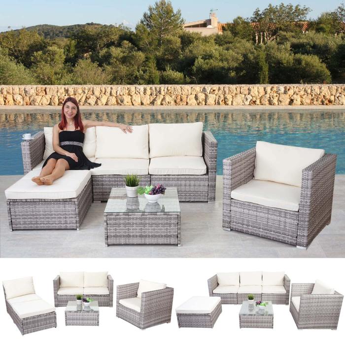 Poly-Rattan-Garnitur Brescia, Gartengarnitur Sitzgruppe Sofa Lounge-Set ~ grau, Kissen creme