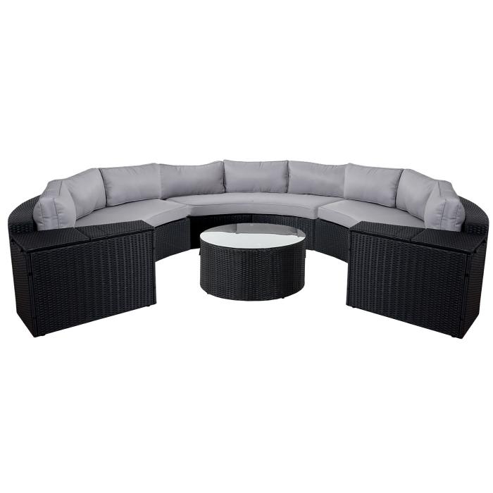 Luxus Poly-Rattan-Garnitur Savoie, Sitzgruppe Lounge-Set, XXL Sofa rund, anthrazit Kissen grau