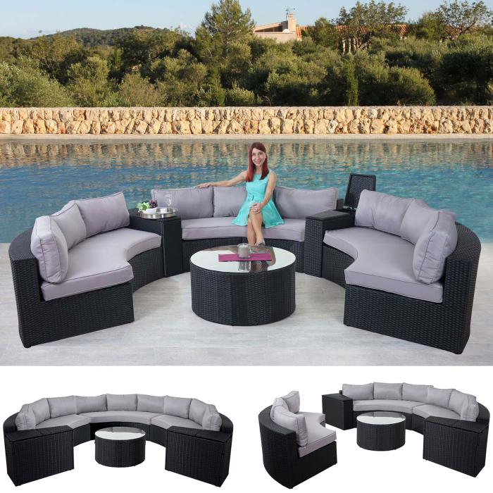 Luxus Poly-Rattan-Garnitur Savoie, Sitzgruppe Lounge-Set, XXL Sofa rund, anthrazit Kissen grau