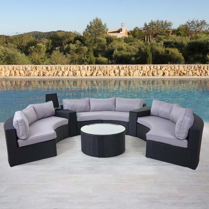 Luxus Poly-Rattan-Garnitur Savoie, Sitzgruppe Lounge-Set, XXL Sofa rund, anthrazit Kissen grau