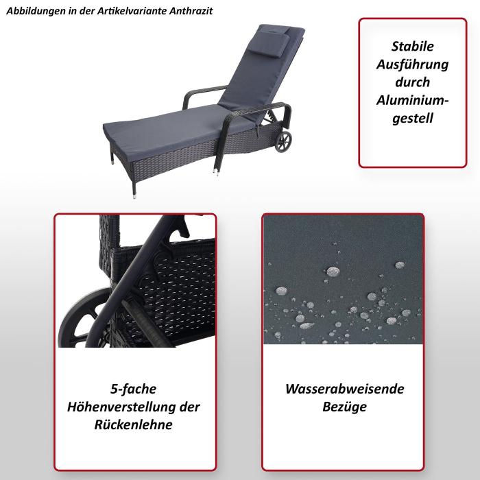 Poly-Rattan Sonnenliege Carrara, Relaxliege Gartenliege Liege, Alu ~ anthrazit, Kissen beige