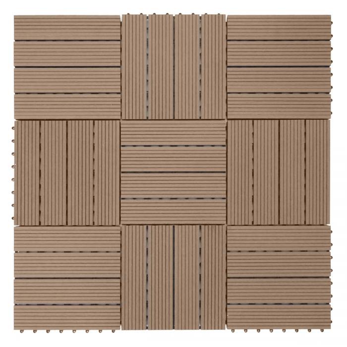 WPC Bodenfliese Rhone, Holzoptik Balkon/Terrasse, 11x je 30x30cm = 1qm ~ Basis, teak linear