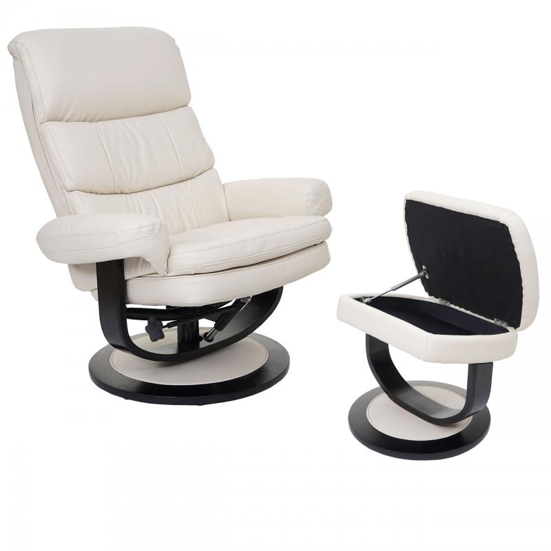 Relaxsessel HWC-C16, Fernsehsessel TV-Sessel Hocker mit Staufach, MVG-zertifiziert ~ Kunstleder creme