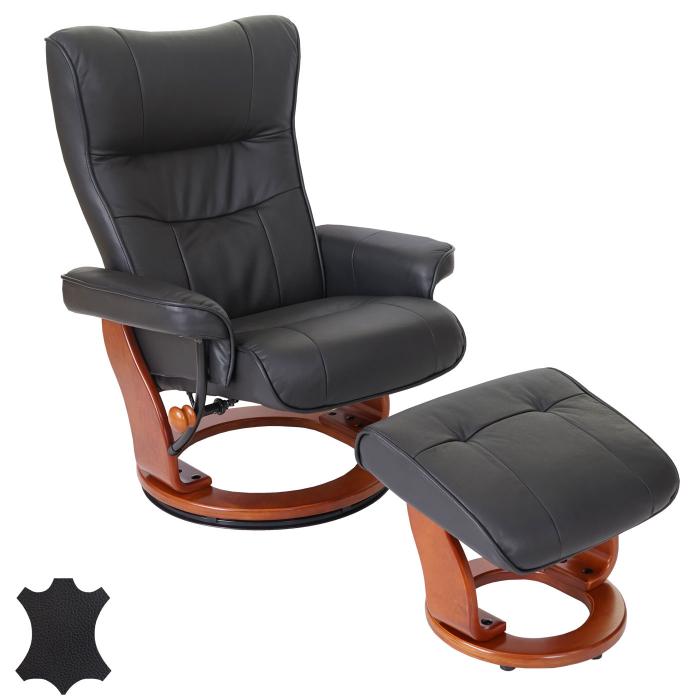 MCA Relaxsessel Montreal, Fernsehsessel Hocker, Echtleder 130kg belastbar ~ schwarz, honigfarben
