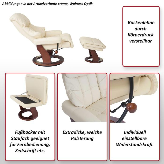 MCA Relaxsessel Calgary XXL, TV-Sessel Hocker, Echtleder 180kg belastbar ~ schwarz, Walnuss-Optik