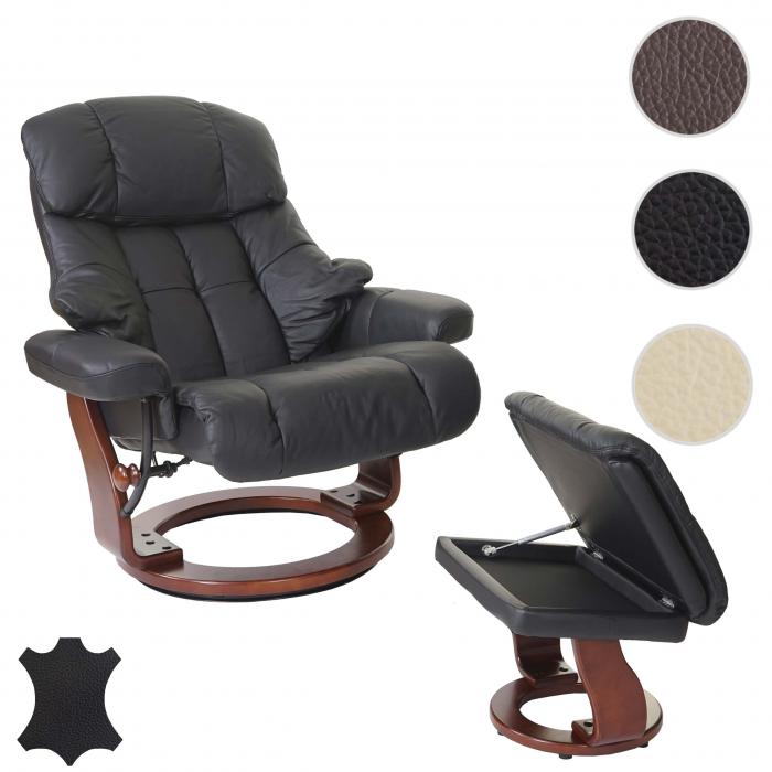 MCA Relaxsessel Calgary XXL, TV-Sessel Hocker, Echtleder 180kg belastbar ~ schwarz, Walnuss-Optik