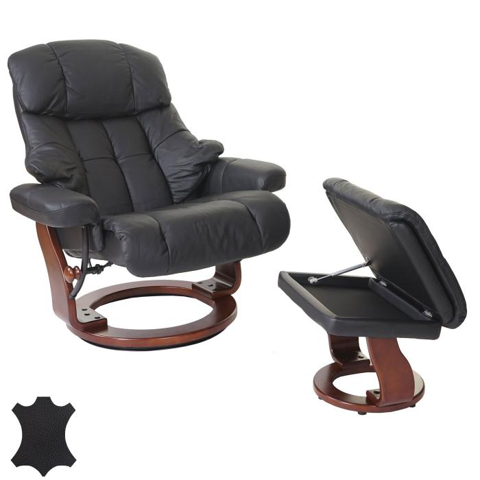 MCA Relaxsessel Calgary XXL, TV-Sessel Hocker, Echtleder 180kg belastbar ~ schwarz, Walnuss-Optik