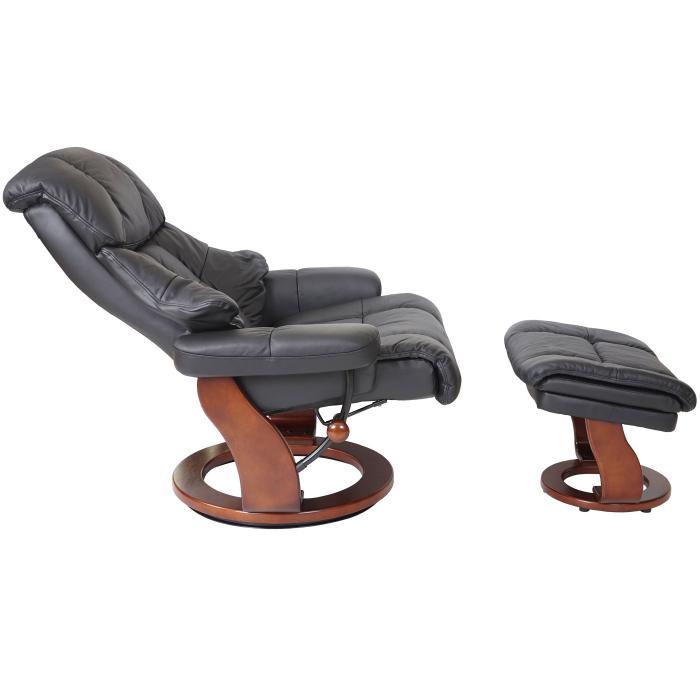 MCA Relaxsessel Calgary XXL, TV-Sessel Hocker, Echtleder 180kg belastbar ~ schwarz, Walnuss-Optik