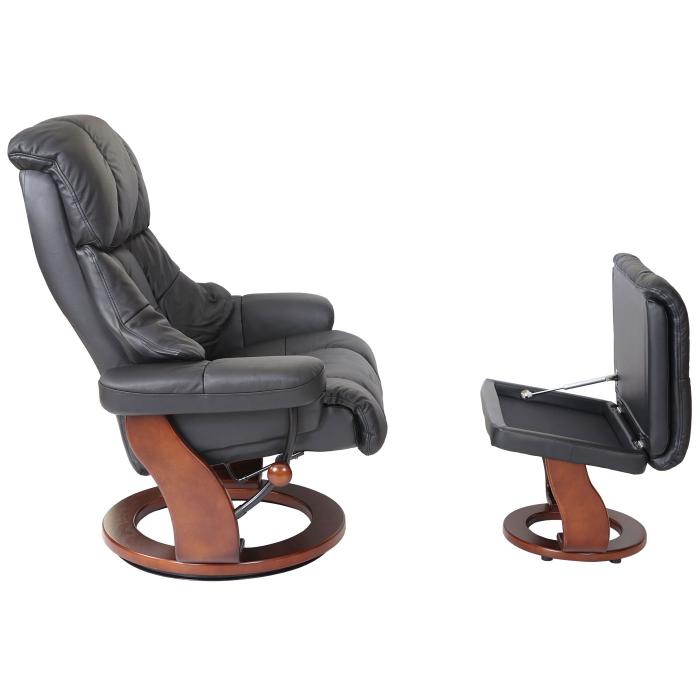 MCA Relaxsessel Calgary XXL, TV-Sessel Hocker, Echtleder 180kg belastbar ~ schwarz, Walnuss-Optik