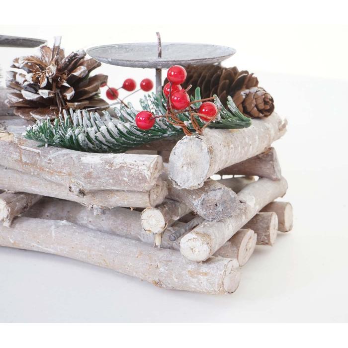Adventskranz lnglich, Weihnachtsdeko Adventsgesteck, Holz 11x15x50cm wei-grau ~ mit Kerzen, rot