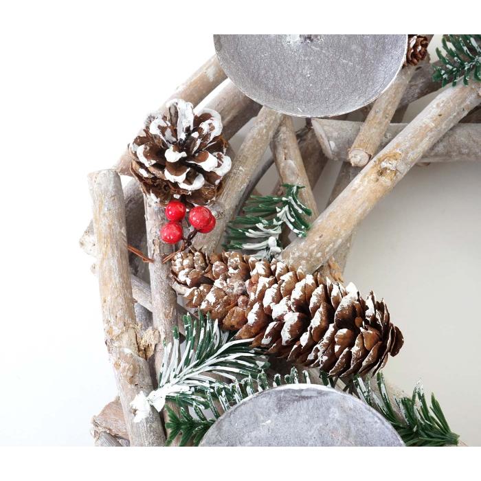 Adventskranz rund, Weihnachtsdeko Tischkranz, Holz  35cm wei-grau ~ ohne Kerzen
