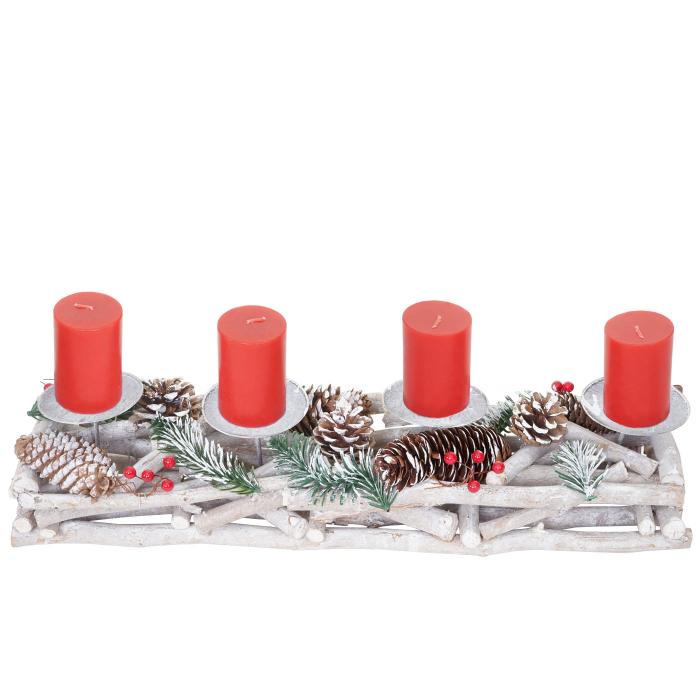 Adventskranz lnglich, Weihnachtsdeko Adventsgesteck, Holz 11x15x50cm wei-grau ~ mit Kerzen, rot