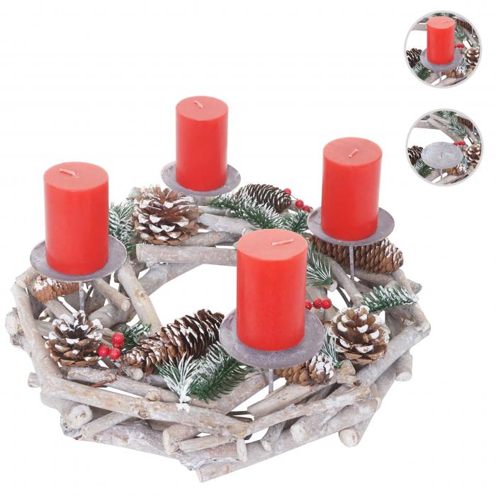 Adventskranz rund, Weihnachtsdeko Tischkranz, Holz  35cm wei-grau ~ mit Kerzen, rot