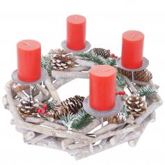 Adventskranz rund, Weihnachtsdeko Tischkranz, Holz Ø 35cm weiß-grau ~ mit Kerzen, rot