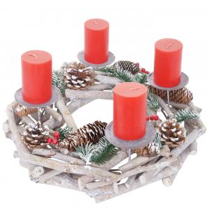 Adventskranz rund, Weihnachtsdeko Tischkranz, Holz  35cm wei-grau ~ mit Kerzen, rot