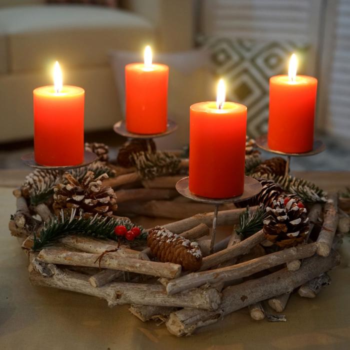 Adventskranz rund, Weihnachtsdeko Tischkranz, Holz  35cm wei-grau ~ mit Kerzen, rot