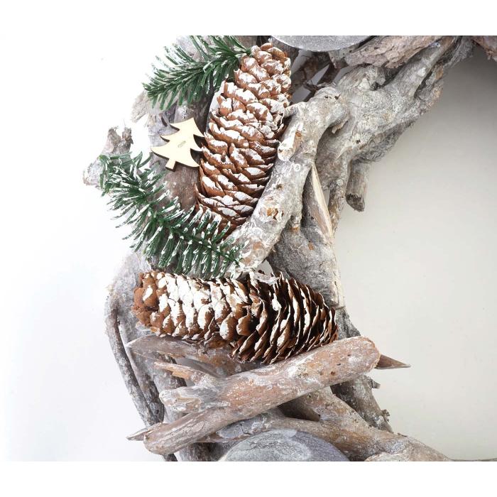 Adventskranz XXL rund, Weihnachtsdeko Tischkranz, Holz  48cm wei-grau ~ mit Kerzen, rot