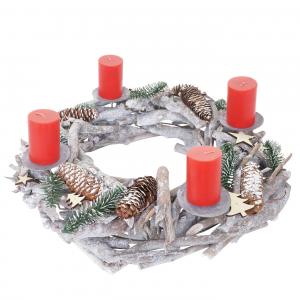 Adventskranz XXL rund, Weihnachtsdeko Tischkranz, Holz  48cm wei-grau ~ mit Kerzen, rot