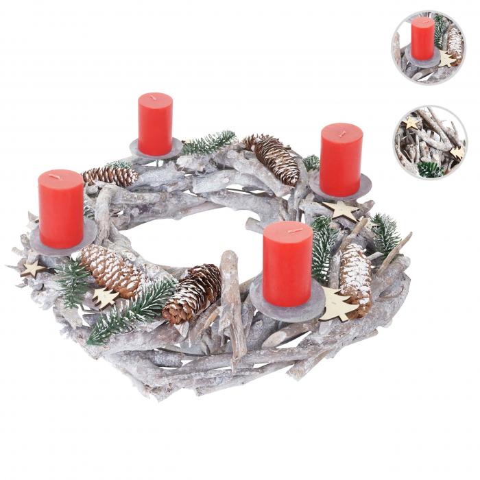 Adventskranz XXL rund, Weihnachtsdeko Tischkranz, Holz  48cm wei-grau ~ mit Kerzen, rot