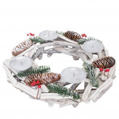 Adventskranz rund, Weihnachtsdeko Tischkranz, Holz Ø 40cm weiß-grau ~ mit Kerzen, rot